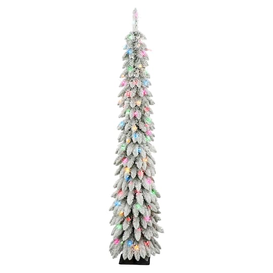 6ft. Pre-Lit Flocked Pencil Alpine Artificial Christmas Tree, Multicolor Lights